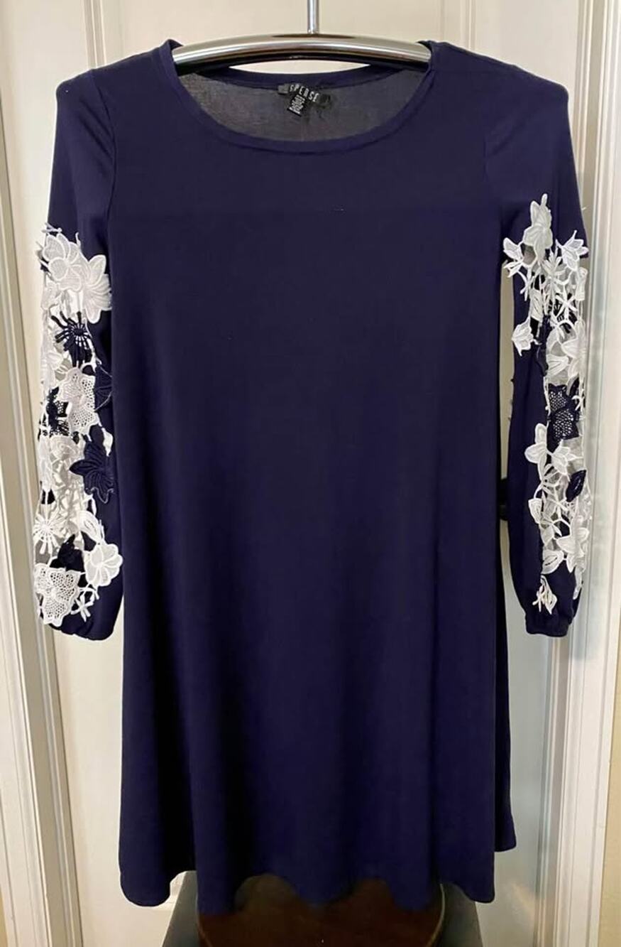 Size M Pretty Blue White Women’s dress-Lacy Cut-Out Long Sleeves-church wear
